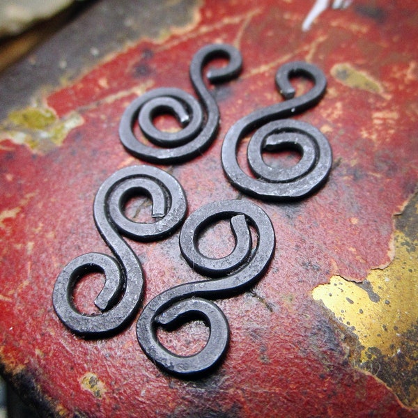 Handmade Steel Charms - 4 Components - 2 Pairs - Coiled S COnnectors, Double Coil Connector - Versatile Connectors - Dark Oxidized Metal