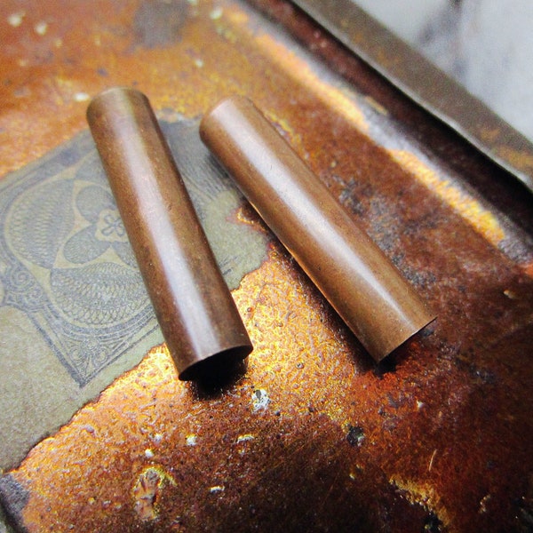 Rustic Copper Barrel Caps - One Pair - 2 Tarnished Metal Caps - Industrial Oxidized Primitive Sleek Hollow Tubes - Versatile Found Object