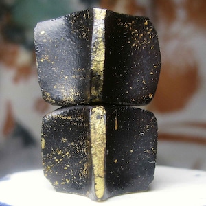 Polymer Clay Bead Pair - 2 Rustic Pinched Blocks - Black w Gold Flakes & Edges - Primitive Chunky Nuggets - 425