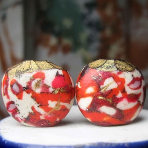 Handmade Polymer Clay Pair- 2 Rustic Beads - Swirl Puffed COINS with Faceted Metallic GOld TOps - 424