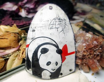 Handmade Tin Pendant Connector | Bell Shape Shield Pendant | Panda Bear | Black & White with Red Ribbon | Spirit Animal | Totem