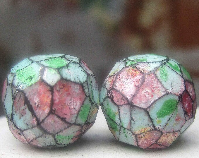 Faceted Polymer Clay Bead Pair - 2 Rustic Faceted Blockish Rounds ...