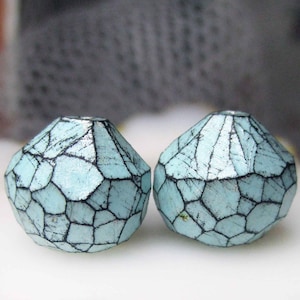 Faceted Polymer Clay Beads - 2 Rustic Faceted Rounds w Shallow Tapered TOps - Primitive Turquoise Pair - Old Atlantis - 425