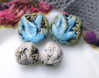 Polymer Clay Beads - 4 Rustic Beads - Pairs Set - Coin Shape Bird Charms, White Nuggets - Blue w Gold & Black Detailing - Primitive Set