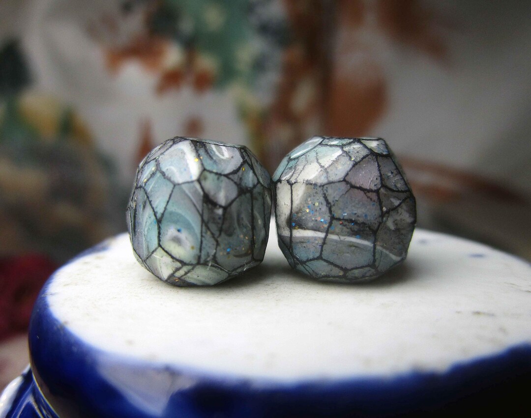 Faceted Polymer Clay Bead Pair - 2 Rustic Faceted Blockish Rounded ...