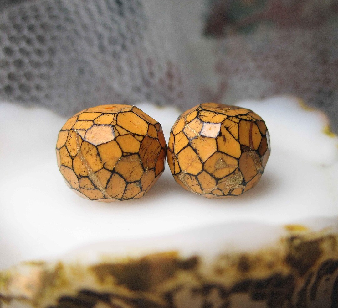 Faceted Polymer Clay Bead Pair - 2 Rustic Blockish Rounds - Primitive ...