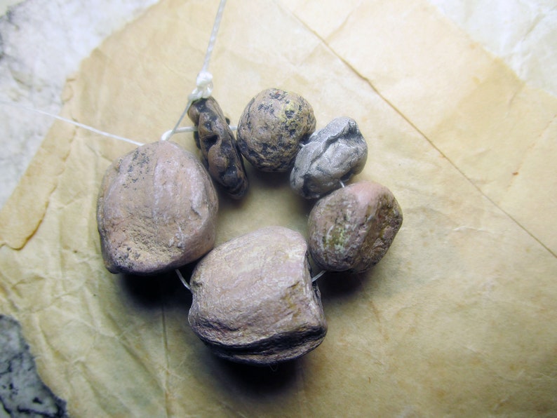 Graduated Sizes Polymer Clay Beads Pressed Sculpted Organic Neutral Art Beads Faux Rocks 6 Neutral Chunky Nuggets Flower Charm