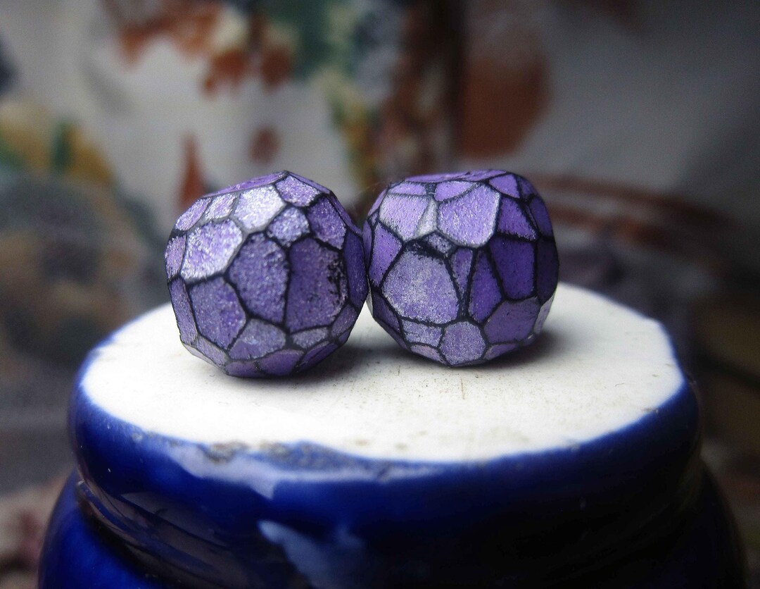 Faceted Polymer Clay Bead Pair 2 Rustic Faceted Nuggety Blockish Rounds ...