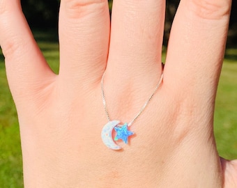 Sterling Silver Fire Opal Moon and Star Necklace