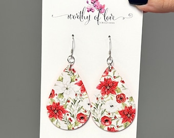Christmas Poinsettia Earrings: Faux Leather Floral Statement Earrings