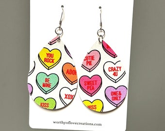 Conversation Hearts faux leather stainless steel statement earrings