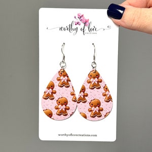 Gingerbread girl statement earrings faux leather stainless steel hypoallergenic double sided pink glitter back