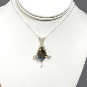 Sterling silver wire wrapped labradorite pear shaped pendant necklace with clear crystal bead accent