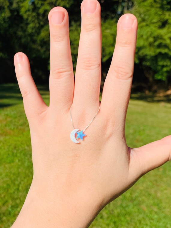 Sterling Silver Fire Opal Moon and Star Necklace