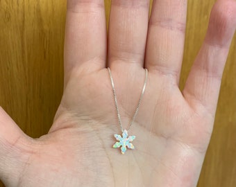 Opal Snowflake Necklace sterling silver, Winter wedding necklace