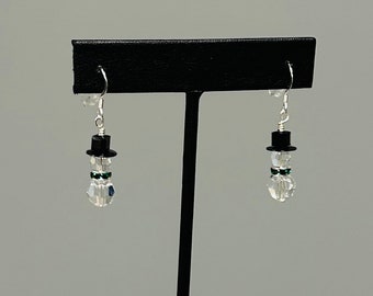 Crystal snowman earrings, Swarovski Crystal emerald green scarf snowman earrings, sterling silver snowman earrings