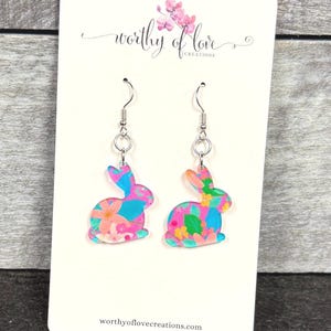 Floral Acrylic Bunny Earrings: Stainless Steel Easter Jewelry