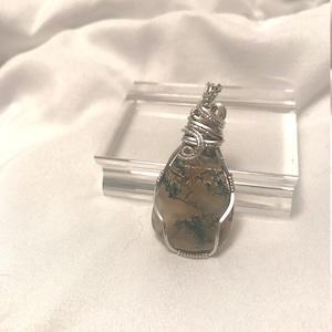 moss agate wire wrapped pendant argentium sterling silver