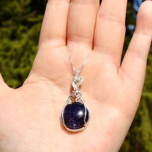 Blue Goldstone Sterling Silver Wire Wrapped Pendant