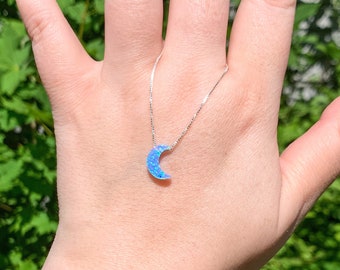 moon necklace fire opal sterling silver in light blue