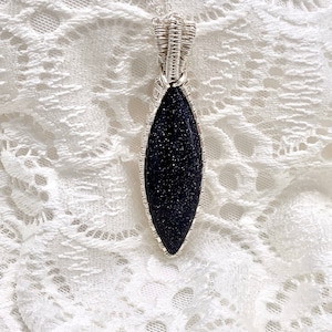 Blue Goldstone Sterling Silver Wire Wrapped marquise shaped pendant | SEE VIDEO