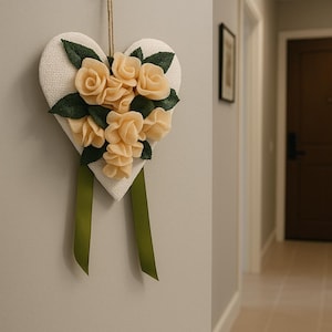 Burlap Heart Wreath: Beige Roses, Green Ribbon - Rustic Farmhouse Decor