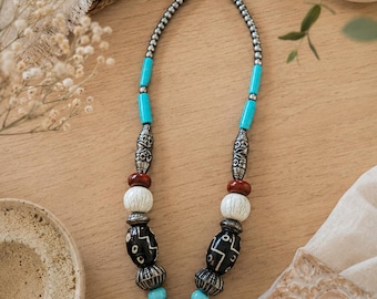 Handmade Turquoise Beaded Statement Necklace, Tribal Ethnic Southwestern Style
