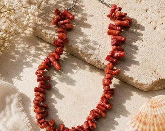 Genuine Red Coral Branch Choker Necklace, Mediterranean Handmade Jewelry