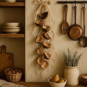 Könnte beinhalten: Rustikale Küchenszene mit Holzregalen, Schneidebrett und Weidenkorb. Eine dekorative Aufhängung aus getrockneten Samenkapseln ziert die Wand. Kupferkochgeschirr und eine Keramikvase mit Rosmarin schaffen eine warme Atmosphäre.