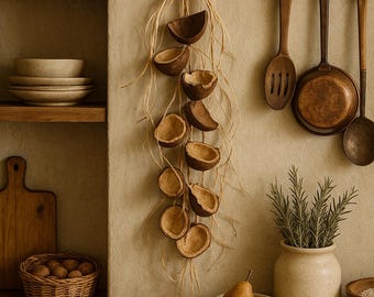 Coconut Shell Garland: Boho Rustic Wall Hanging, Eco-Friendly Decor