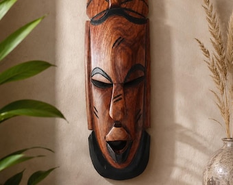 Hand Carved Solid Wood African Mask, 40cm Tribal Wall Art, Rustic Boho Decor