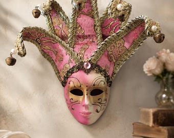 Pink Venetian Jester Mask, Gold Brocade Harlequin, Carnival Wall Decor (21x17cm)