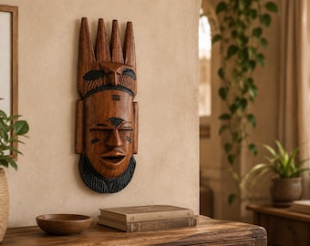 Hand Carved Solid Wood Mask, Tribal Style Wall Decor, Rustic Boho Art (35cm)