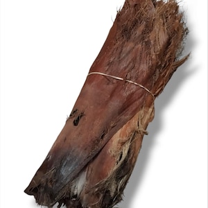 Pode incluir: Um feixe de folhas de palmeira secas, amarradas com barbante, com uma textura marrom e fibrosa.