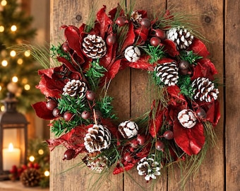 Rustic Christmas Wreath, Red Poinsettia Pine Cone, Berry Accents (25cm)