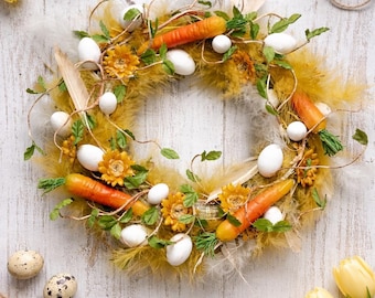 Handmade Easter Wreath – Carrots, Eggs, Yellow Flowers – Rustic Farmhouse Spring Decor (9.8 inch)