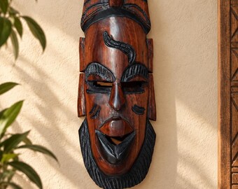 Hand Carved African Wooden Mask, Tribal Style Wall Decor, Boho Home Accent