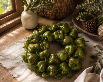 Artificial Green Bell Pepper Wreath, Farmhouse Kitchen Decor, Rustic Year Round Door Wreath
