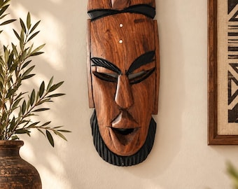 Solid Wood African Tribal Mask Wall Decor – 37 cm Hand-Carved Style Wooden Face Art