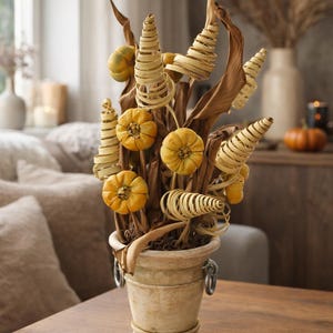 Rustic Fall Pumpinos Arrangement in Clay Pot - Handmade Autumn Table or Entryway Decor