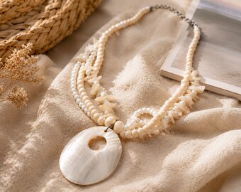 Mother of Pearl Shell Pendant Necklace, Ivory Coastal Boho Jewelry (27cm)