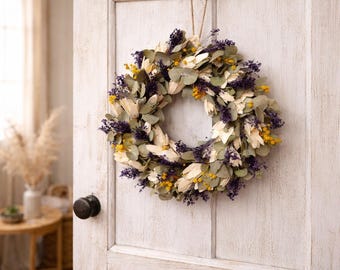 Dried Flower Wreath – Broom Bloom, Sola, Mimosa, Eucalyptus – Rustic Farmhouse Door Decor