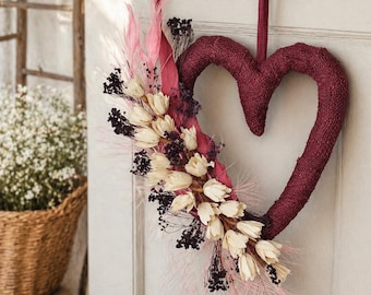 Heart Shaped Wreath with Dried Flowers – Burgundy Burlap, Boho Wall Hanging