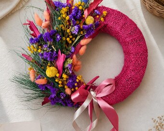 Handmade Dried Flower Wreath – Pink Purple Spring Door Decor, Boho Rustic Floral Hanging (25cm)