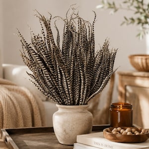 Puede incluir: Una colección de plumas largas y delgadas con rayas marrones y blancas dispuestas en un jarrón de cerámica de color claro con acabado mate. Las plumas tienen un patrón moteado distintivo y están colocadas en posición vertical.