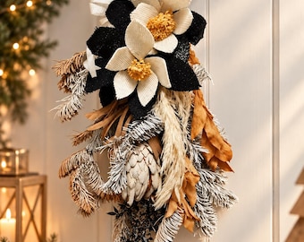Christmas Door Swag, Black Ivory Gold Holiday Door Decor, Rustic Christmas Wall Hanging, Handmade Winter Floral Swag, Farmhouse Decor