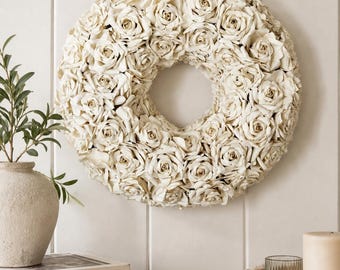 Ivory Paper Rose Wreath 45cm – Realistic Cream Floral Door Decor, Wedding Hanging