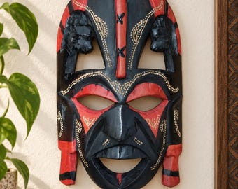 Hand Carved African Tribal Mask, Red Black Wood Wall Art (25cm)