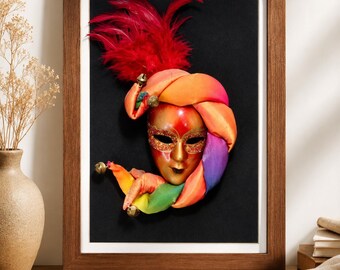 Venetian Jester Mask Wall Decor, Colorful Carnival Art, Masquerade Home Decor (19x25 cm)