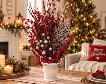 Red Berry Christmas Floral Arrangement, Silver Glitter Branches, Candy Cane Centerpiece (19.7" H)